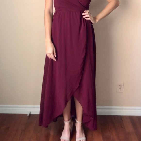BURGUNDY HIGH-LOW WRAP DRESS - Picture 2 of 7